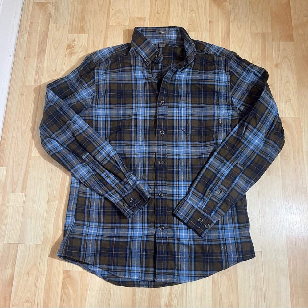Eddie Bauer 100% Cotton flannel shirt in a blue and brown plaid pattern Small